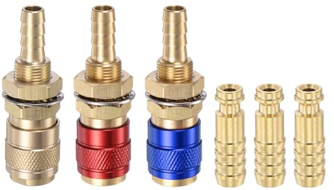 sourcing map 6pcs Gas & Water Quick Connector for Tube Inner Dia 6mm with Hose for TIG 12 18 20 27 Quick Connect Fittings Welding Torch Gas Release, Brass/Red/Blue
