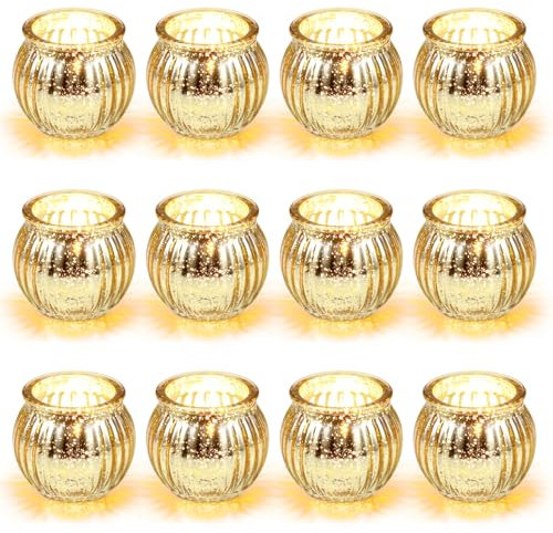 Hejo 12 Piezas Portavelas Cristal, Tipo Calabaza Portavelas Decoracion, Exquisito Portavelas de Te, Clásico Soporte para Velas de té para Bodas, Fiestas, Decoración de Navidad(Dorado)