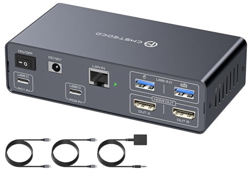 USB C KVM Switch 2 Monitors 2 Computers 4K60Hz HDMI KVM Docking Station 10Gbps USB 3.2 Ports Dual Monitor 1000Mbps Ethernet Port for 2 Laptop