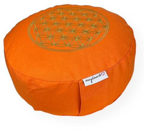 maylow Yoga mit Herz Yogakissen Meditationskissen Stickerei Blume des Lebens 33x15 cm für Anfänger und Geübte Bio-Dinkelspelz Füllung Bezug und Inlett Baumwolle waschbar (Blume orange)