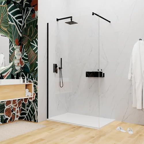 Parete doccia Walk In 130 cm Vetro Temperato Trasparente 8mm Anticalcare Alluminio Nero Opaco Braccio Telescopico