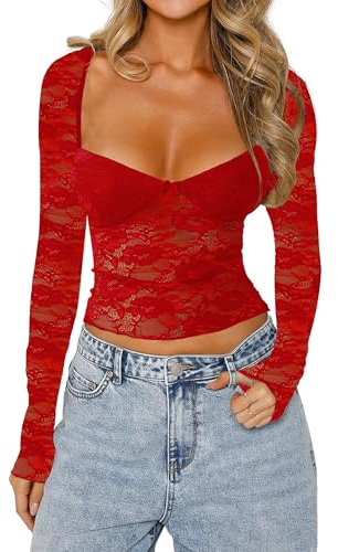 Women's Sexy Floral Lace Long Sleeve Sweater Heart Neck Mesh Crop Top, Slim Fit Layering Going Out Tee Blouse (Red, S)