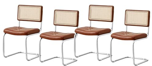 RENYUEH Rattan-Esszimmerstühle, 4er-Set, Freischwinger-Küchenstühle aus PU-Leder mit silbernen Metallbeinen und Fußpolstern, Bequeme ESS- und Freizeit-Beistellstühle für Esszimmer, Küche, Wohnzimmer