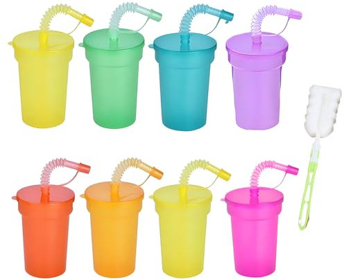 8 Stück Kinder Party Becher, 380ML Bunt Plastikbecher Und Eine Bürste, Wiederverwendbar Trinkbecher mit Deckel und Strohhalm, Perfekt für erfrischende Getränke und umweltfreundliches Trinken