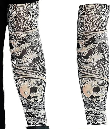 Tatodays 2 x Tattoo-Armstulpen Fake-Nylon-Elastikstrumpf voller Arm Totenköpfe Halloween dehnbar für Erwachsene zum Hineinschlüpfen Biker Gothic Rosen Stammes Kostüm