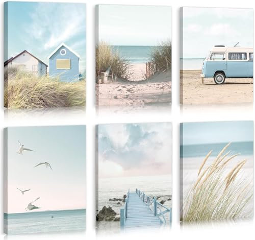 HPNIUB Strand-Leinwandbilder Tropische Sommer Ozean Küstenposter 6 gerahmten Bilder Meer (20x25 cm), Maritimes Surfboard Deko Set für Badezimmer Mädchenzimmer, Kalifornische Strandbild Bad Ddeko