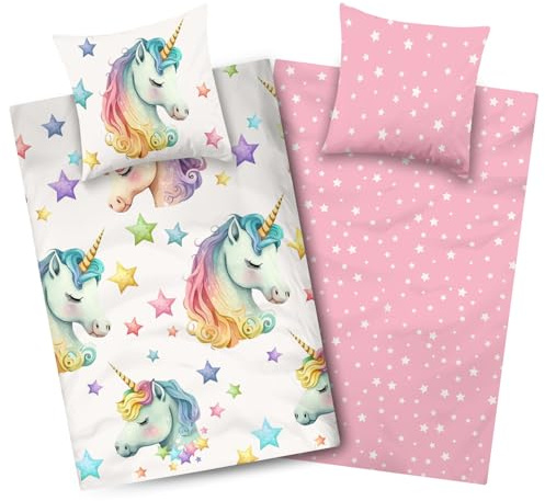 Aminata kids Bettwäsche Einhorn 135x200 cm Mikrofaser 100% (Polyester) | Kinder Wende-bettwäsche Mädchen mit Reißverschluss - Pflegeleicht und allergikerfreundlich rosa