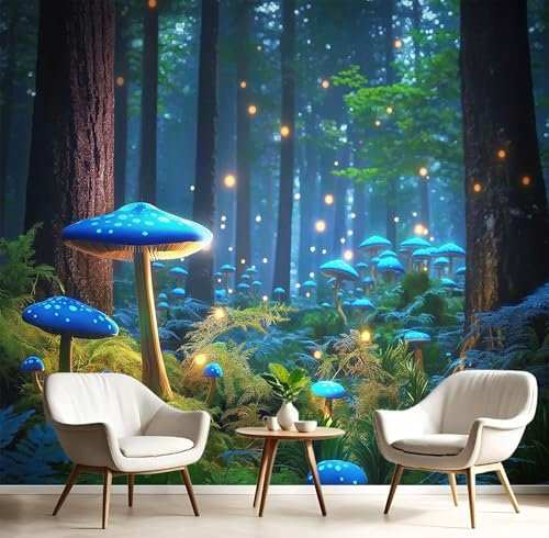 Wandtapete 3D Glitzer Pilze Tapete, Fantasie Wald Landschaft Wanddeko Wallpaper, ‎150x105cm (B×H) Fototapete Dekoration UV-Beständig, Study Zimmer Wohnzimmer Restaurant Cafe Deko, Dunkelblau
