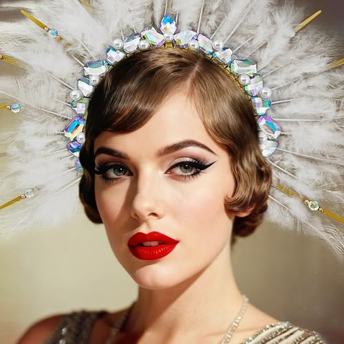 BACH AND BOOZY Weiße Feder Kopfbedeckung 1920er Jahre Karneval Zubehör 20er Jahre Feder Karneval Fasching Accessoire für Damen