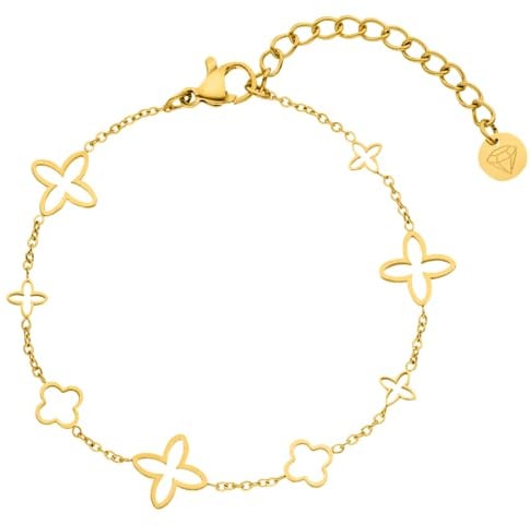 DIAMOND MODE Kleeblatt Armband Damen Gold - Schmuck 18K Gelbgold vergoldet, Chirurgenstahl 316L, Fancy Clover, 16cm + 4cm Verlängerung, Wasserfest, Geschenk, Blumen