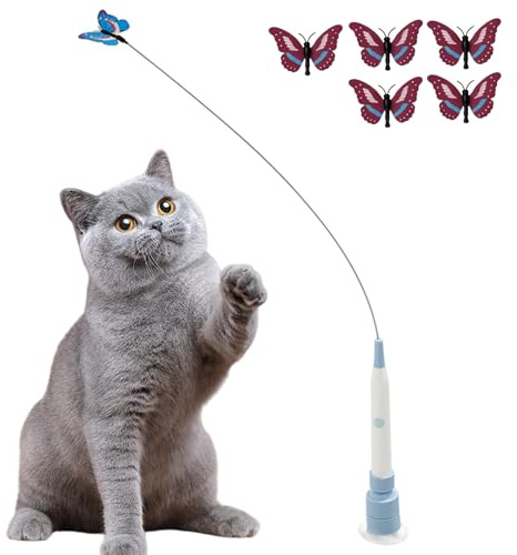 Snrtevu Elektrisches Schmetterlings - Spielzeug FüR Aktive Katzen Non, Interaktives Katzenspielzeug Schmetterling Mit Saugnapf, FöRdert Den NatüRlichen Jagdinstinkt (Blau+ 5 Schmetterlinge)