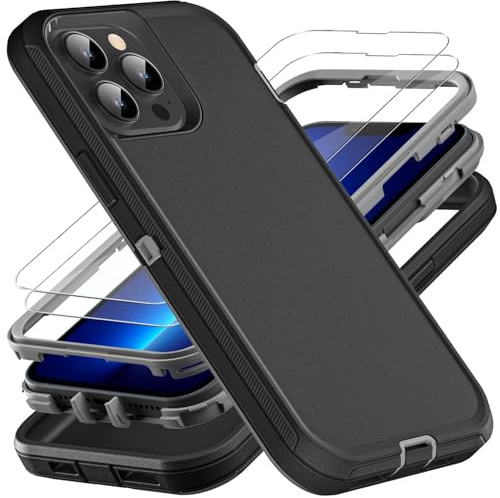 YmhxcY for iPhone 13 Pro Max Case, Military Grade 3 in 1 Heavy Duty Shockproof/Drop Proof/Dust Proof Case with 2Pcs Tempered Glass Screen Protector (Black/Grey)