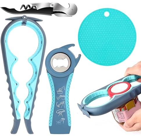 Jar Opener Set, 5 in 1 Bottle Lid Opener with Non Slip Jar Gripper | 3 openers and 1 gripper pad, easy grip design, suitable for jars, bottles and lids, ideal for arthritic or weak hands