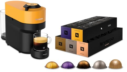 Nespresso Machine à café Vertuo Pop, Jaune Magimix Vertuo - Bundle 50 Capsules | Bundle avec Cafetière Dosettes & 50 Capsules Aluminium - Crema Généreuse - Lattes Noirs ou Glacés - 5 Tailles de Tasses