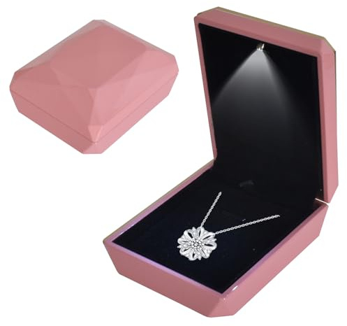 Scatola per Ciondolo con Luce a LED, Scatola per Collana con Ciondolo Portagioie in Velluto, Jewelry Box Pendant Scatola Regalo, per Proposta di Fidanzamento Matrimonio, 7 * 9 * 3.3cm, Rosa