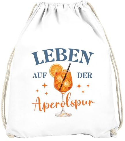 MoonWorks® Turnbeutel Spruch Lustig - Leben auf der Aperolspur- Gruppenoutfit Gadget Accessoires Party JGA Fasching Karneval Gymbag Weiss-blau unisize