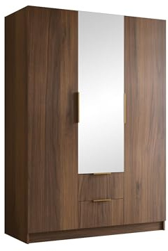 Mirjan24 Kleiderschrank mit Spiegel Conate II 150, Schrank, Garderobe, Organizer, 3-türig, 2 Schubladen für mehr Stauraum, Aluminiumgriffe, gedämpftem Schließsystem (Nuss Warmia + Gold)