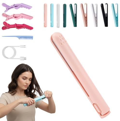 2 In 1 Mini Curling Iron, 2026 New Mini Curling Tongs For Short Hair, Portable Wireless Curling Iron Straightener Curler, USB Plug-in Small Hair Straightener For All Hair Types (Pink)