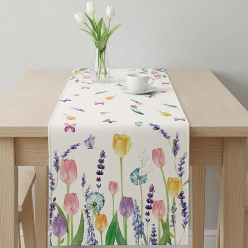 Tischläufer Frühling,Tischläufer Modern mit Blumenmuster - Frühlings Tischläufer & Sommer Tischdeko für Hochzeit, Party, Hotel (30x180 cm), Waschbarer Blumen mit Tulpen Design