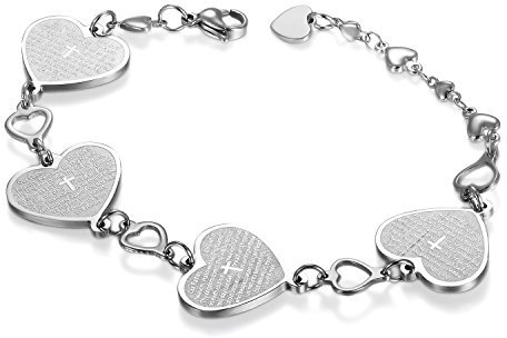 JewelryWe Herz Armband Damen Vaterunser: Edelstahl Englisch Bibel Gebet Kreuz Religiös Design Armkette Herz Link Armreif Silber