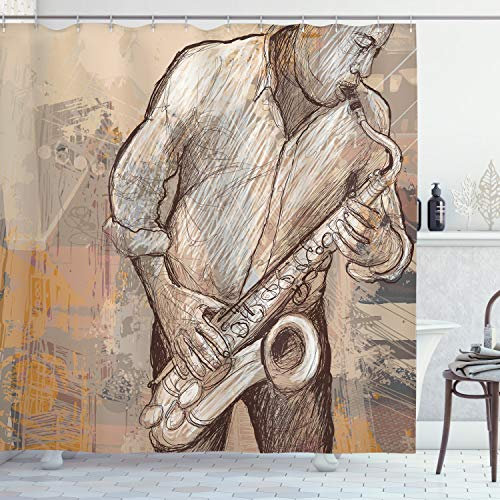 ABAKUHAUS Musik Duschvorhang, Jazz-Musiker auf Straße, Stoffliches Gewebe Badezimmerdekorationsset mit Haken, 175 x 200 cm, Brown Ecru