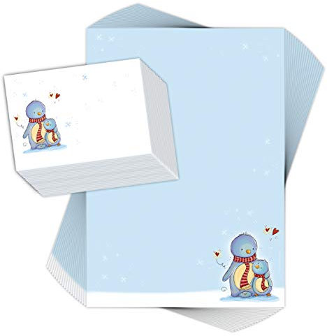 emufarm Briefpapier-Set für Kinder Pinguine DIN A4 20 Blatt inkl. 20 Umschlägen - Weihnachtsbriefpapier - Schreibpapier für Kinder - Weiß, Rot, Grün
