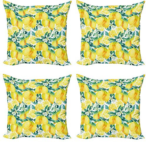 ABAKUHAUS Modern Dekokissen Kissenbezug 4er Pack, Branchen Zitrone Citrus, Modern Accent Doppelseitiger Digitaldruck, 45 x 45 cm, Grün Gelb