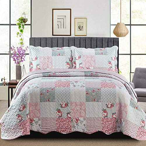 PHP Quilted Bedspreads Patchwork Throw - Box Pattern Cotton Filling Vintage Bedding Double Bed Bedspread - Hypoallergenic Quilt Coverlets Warm Bedding With Pillow Shams Floral Grey Blanket