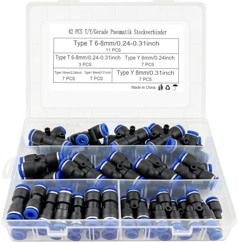 xianzhanEU 42 Pezzi Tubo Aria Raccordo Pneumatico Raccordo Rapido T/Y/I Raccordi Aria Compressa 6mm/8mm per Connessione Rapida Tubi Dell'Aria Utensili Pneumatici