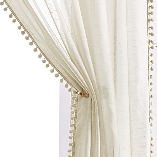 Pom-Pom Linen Sheer Curtain Panels for Nursery 54-inch Light Weight & Airy Pencil Pleat Voile Curtains Slub Textured Natural Farmhouse Semi-Transparent Window Drapes for Childrens Bedroom 52 w 1 Pair