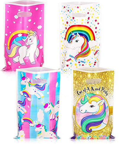 Xinzistar Sac Anniversaire Enfant, 40 PCS Sacs-Cadeaux Licorne Sacs de Fête d'anniversaire Sachet Anniversaire avec Poignée pour Faveur de Noël Anniversaire Fête Bonbons Biscuits, 4 Couleurs