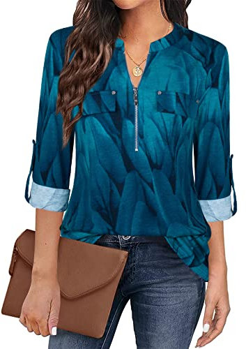 Siddhe Bluse Damen Elegant 3/4 Ärme Festliche Blusen V-Ausschnitt Longbluse Reißverschluss Tunika Oberteile Tops A-Linie T-Shirt Mode Ausgefallene Pullover Sweatshirts Langarmshirts Pfauenblau, S