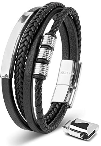 SERASAR Herren Armband 20cm Silber Männer Leder Armreif Lederband Herrenarmreif Armschmuck Schmuck Herrenschmuck Armkette Flecht Wickelarmband Armbändchen Bracelet
