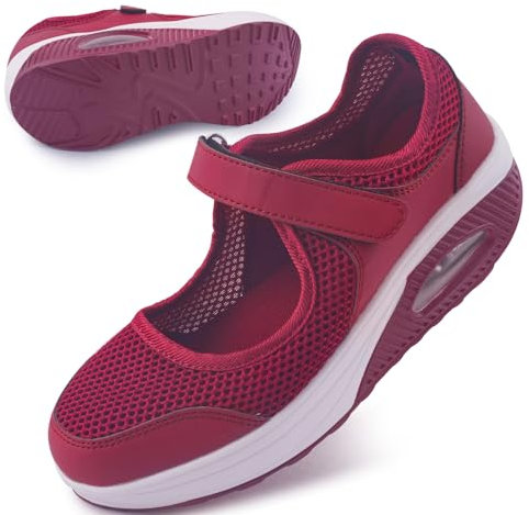 Git-up Zapatos Cómodos para Caminar para Mujeres con Correa Ajustable, Zapatos de Enfermería Casuales de Malla Transpirable Zapatillas Ligeras de Cojín de Aire 699, Rojo 39