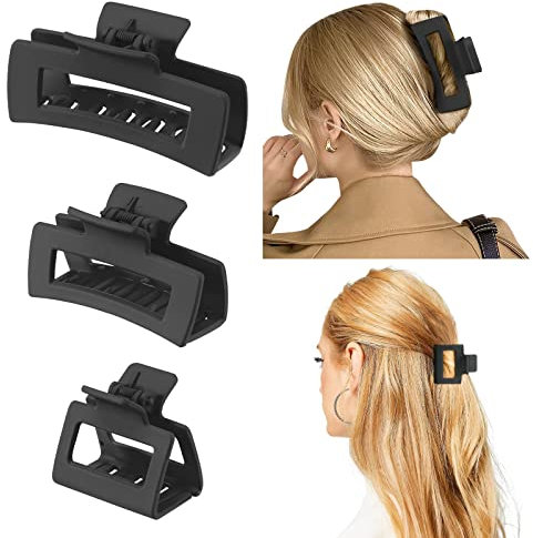 Shinowa Lot de 3 Pinces à Cheveux Antidérapante Femme, Grands Clips Griffes en Plastique, Clips Cheveux en 3 Tailles Grande Moyenne Petite, Accessoires de Cheveux pour Femmes Filles, Noir
