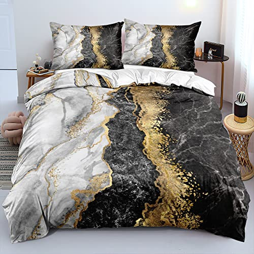 DXHOME Bettwäsche 135x200 3D Gold Schwarz Marmor Baumwolle Weiß Effekt Luxuriös 4 Teilig Wendebettwäsche Einzelbett Bettbezüge mit Reißverschluss und 2 Kissenbezüge 80 × 80 cm
