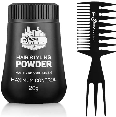 The Shave Factory Hair Styling Powder Mattifying and Volumizing Powder, mit für alle Anwendungsbereiche geeigneten Kammarten, Haarkamm und Puderwachs (Comb 034 & Styling Powder)