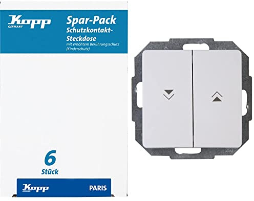 Kopp Paris Spar-Pack: 6 Schutzkontakt-Steckdosen mit Berührungsschutz Arktis-Weiß – 920702011 & 651502087 Paris Jalousieschalter, Arktis-weiß