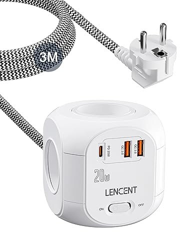 LENCENT Cube rallonge multiprise Amélioré PD 20W 3M avec 4 Prises AC, 2 USB et 1 Type C, Les surtensions pour rallonge électrique avec Interrupteur pour Maison, Cuisine, Bureau, Tressé Cable
