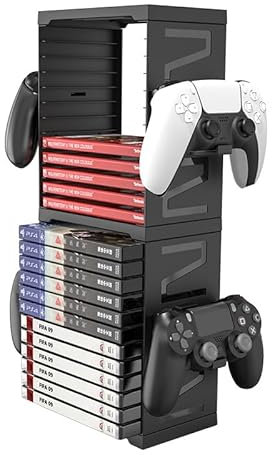 HONCAM Video Game Storage Tower for PS5 PS4 Xbox Nintendo Switch Games, Universal Video Games Discs Organizers 24 PCS with 4 Controllers Holder, Game Disk Box Stand Rack Accessories