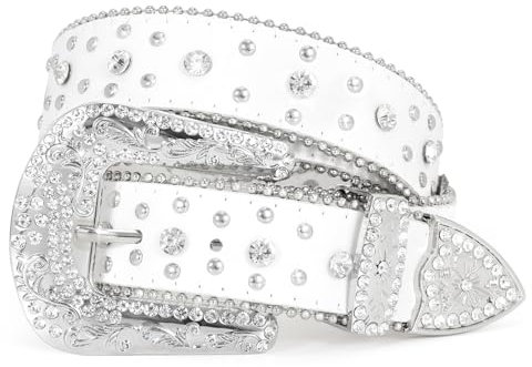WERFORU Strass Nietengürtel für Damen Männer Western Ledergürtel für Cowgirl Cowboy Vintage Bling Gürtel für Hosen Kleid