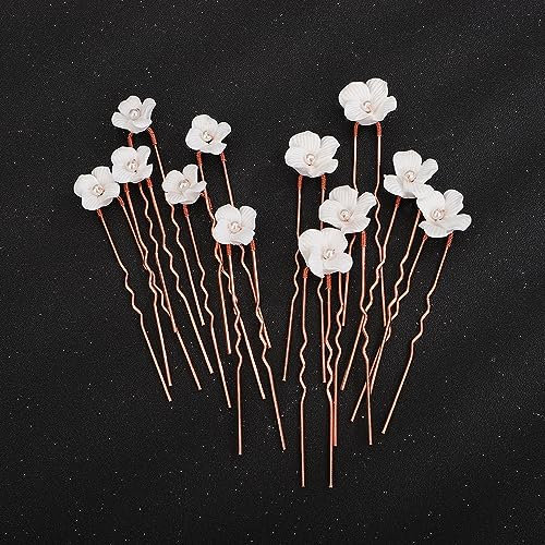 Teyglen Lot de 12 épingles à cheveux décoratives faites à la main pour femme et fille - Doré, argenté, blanc - Doré rose
