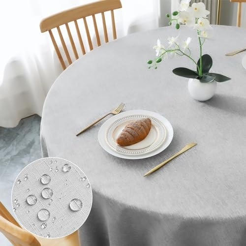 AooHome Tischdecke Rund Φ140cm, Hellgrau Leinen-Optik Tischdecken Abwaschbar Tischtuch aus Polyester Wasserabweisend mit Lotuseffekt, Dauerhaft Kratzfest für Wohnzimmer, Esszimmer, Balkon, Garten