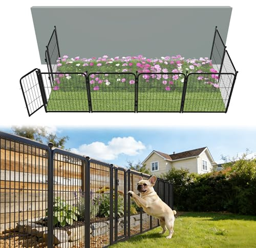 FXW Dekorativer Gartenzaunpaneele mit Tor, Hundezaun für den Hof, robustes Metall, 61 cm hoch, 4,5 m lang, insgesamt schwarz