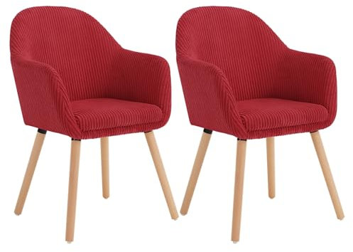 WOLTU Esszimmerstühle 2er Set, für Schlafzimmer Küche Wohnzimmer, Küchenstühle gepolstert mit Armlehne, aus Cord Massivholz, Rot