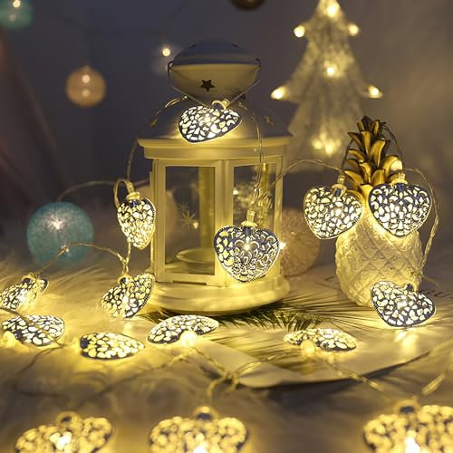 DINOWIN LED Lichterkette Herz mit Batterie Silberne Herz Lichterkette Herzen Fairy Lights für Valentinstag Hochzeit Jahrestage Muttertage Deco (9.85ft 20 LED)