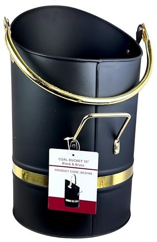 16 Heavy Duty Large Metal Coal Hod with Carry Handle Scuttle Fireside Fireplace Bucket Holder Scooper (Black&Brass)
