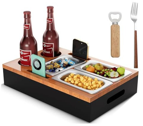 Guolich Bamboo Couch Tray, Couch Bar Snack Box Wine Glass Holder,Couch Butler with Stainless Steel Snack Trays,Tv Tray Table,Couch Cup Holder (Dark Lid)