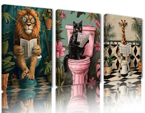 Tucocoo Contemporary Wall Art Animals On Toilet Pictures Funny Lion Bathroom Paintings Black Cat Reading Newspaper Canvas Modern Artwork House Decor Wooden Framed Ready to Hang 14x20 inches x 3pcs
