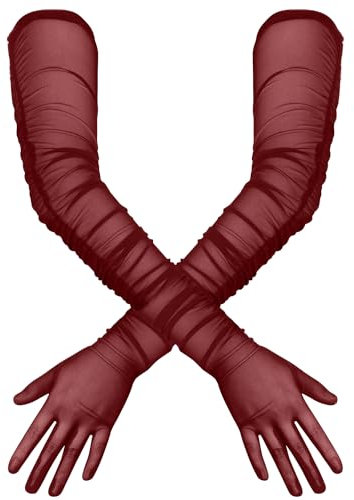 Lasuroa Women's Long Tulle Sheer Gloves - Stretch, Sexy Opera Dance Gloves in Deep Red